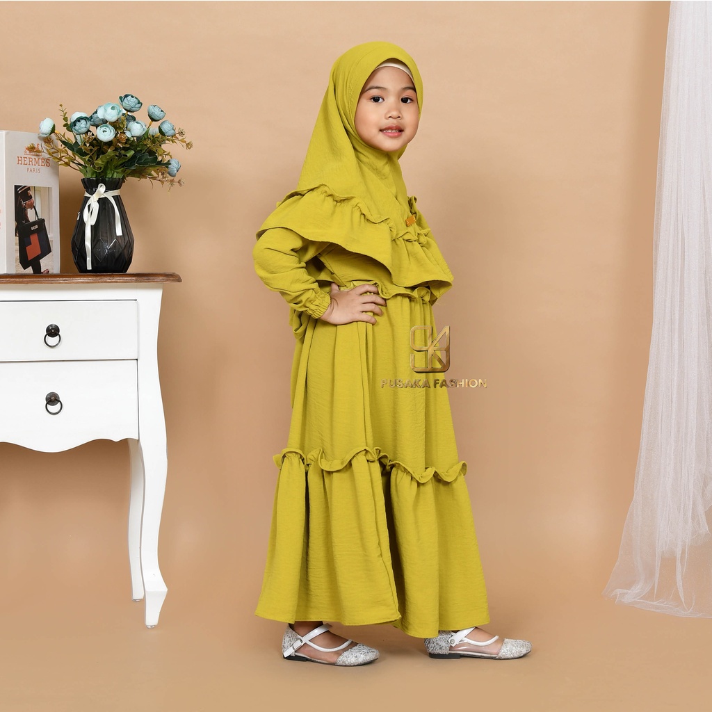 JIRA baju gamis syari anak perempuan cringkle fashion muslim terbaru  FREE hijab khimar modern dres stelan kerudung serut susun 4 - 9 tahun manasik mengaji maulid nabi warna putih tulang hitam bata lilac lemon pink fuchia moca sagr green olive kekinian