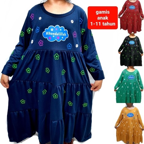 Gamis 1- 11 tahun pakaian muslim Anak perempuan baju model fashion kerut kaos lengan panjang alhamdulilah murah