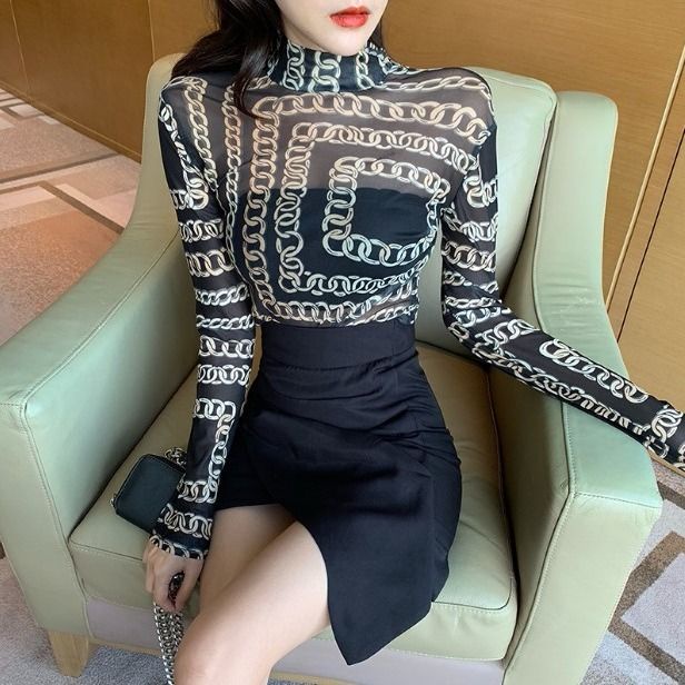 ✓▽✷Suhao chic gaya Hong Kong kerah setengah tinggi leopard top wanita musim gugur dan musim dingin temperamen slim slim lengan panjang T-shirt seksi kemeja bottoming