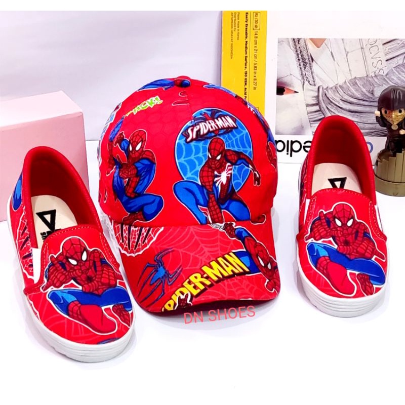 Paket Sepatu Anak Laki Laki Sepatu dan Topi Anak Paket Sepatu Formal dan Topi Anak Laki Laki Murah Keren Karakter Spiderman Merah
