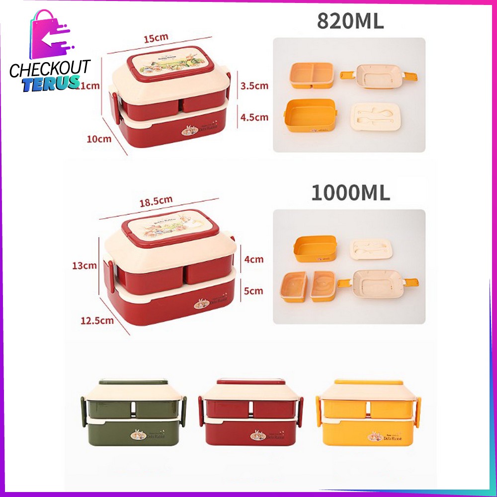 CT C758 Tempat Makan 2 Susun Lunch Box Anti Tumpah Kotak Bekal Makan Siang Set Sendok Garpu Portable