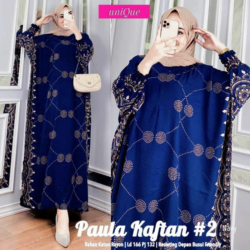 Kaftan Wanita - Daunda Kaftan Size Jumbo XXXXL Motif Daun Lengan Panjang Busui Resleting by Nadira_Fashion / Gamis Rayon Jumbo Kaftan Terbaru-Paula navy