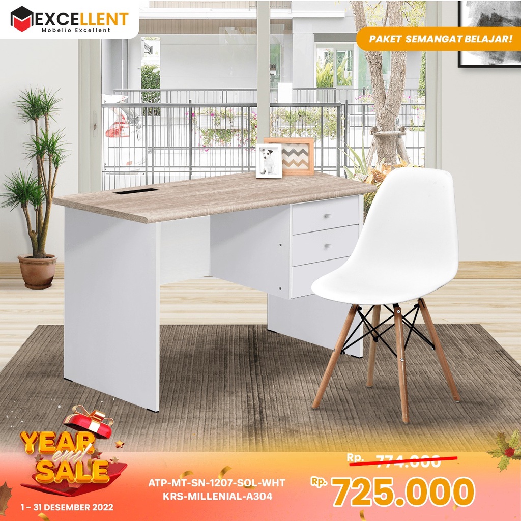 Meja Tulis Meja Kantor Setengah Biro Sonoma Oak Lengkap dengan Kursi FREE ONGKIR JABODETABEK dan SER