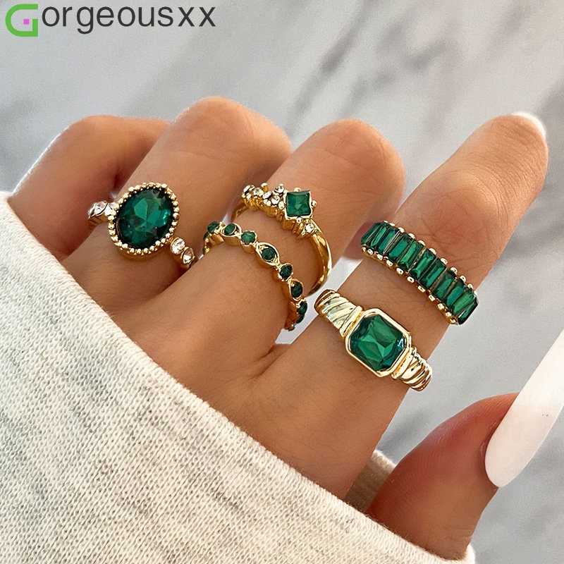 Hot Sale Imitasi Batu Permata Hijau 5 Pcs Cincin Set Untuk Wanita Berlian Imitasi Geometris Cincin Gadis Wanita Perhiasan Pesta Memakai