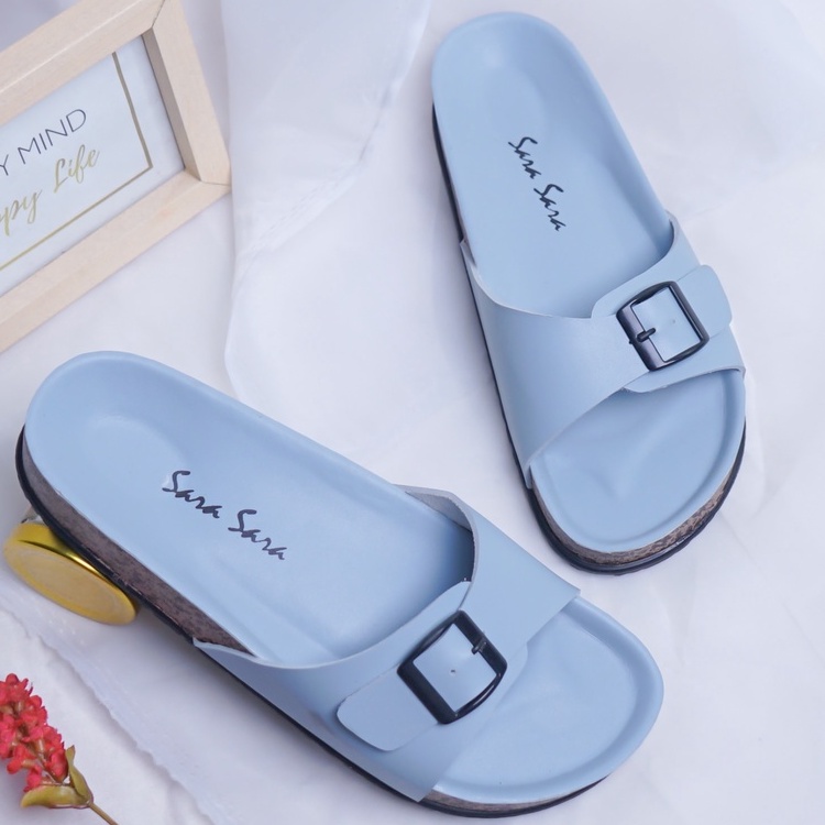 SARASARA YUK - Sandal Wanita Casual Model Slop Birken Sol Puyuh SARA SARA BILLY Sendal Cewek Sol Kulit Santai Singgle Strap Rumahan Gesper Empuk Ringan Size 36 37 38 39 40 Warna Blue Biru Soft Selop Anti Slip Original Terbaru Shoes ORI Mall Official Store