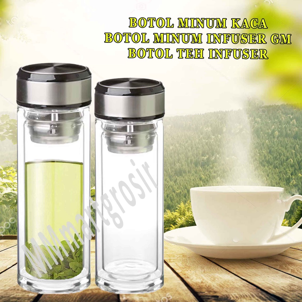 Botol Minum Kaca GM / Botol Teh Infuser / Botol Kaca Double Wall Infused / Serbaguna