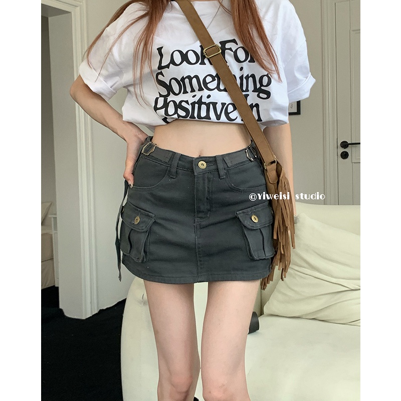 ♛❁☢Suhao Spice Girl Perkakas Denim Rok Wanita Musim Panas Retro Pinggang Tinggi Kulot Anti-Light Rok Pendek Pria Kecil Hip rok