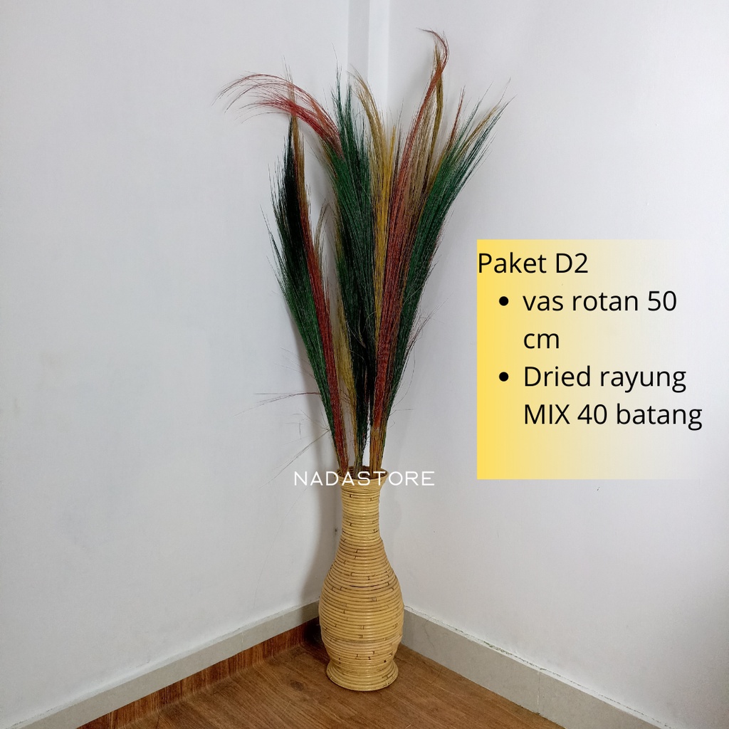 PAKET HEMAT BUNGA PAMPAS 40 BATANG DAN VAS ROTAN TINGGI 50 CM