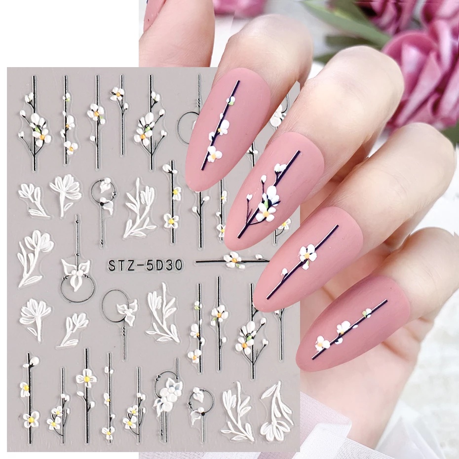 5d Bunga Timbul Stiker Perancis Geometris Garis Pola Perekat Diri Kuku Decal Elegan Manicure Art Dekorasi