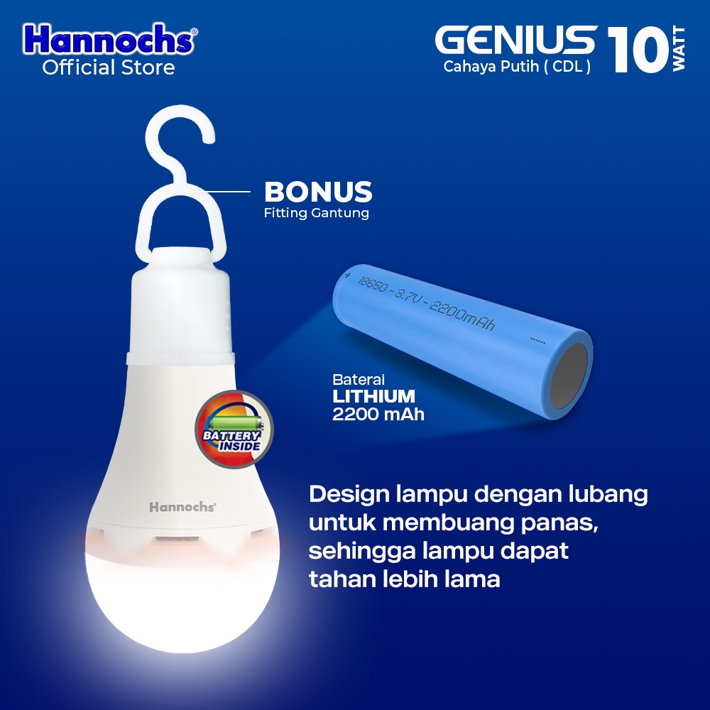 Hannochs Lampu Emergency Led AC/DC Genius 10 watt cahaya Putih