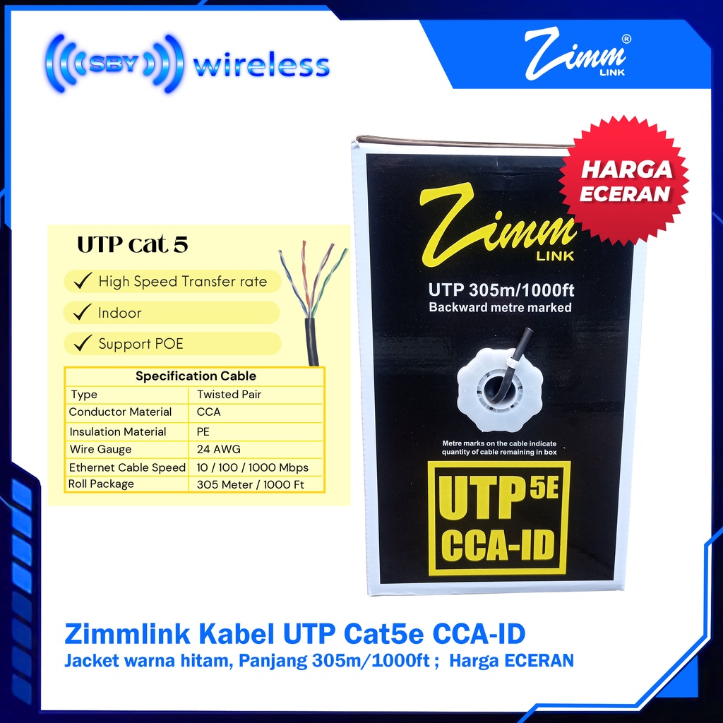 Kabel UTP Cat5e Zimmlink INDOOR Black - CCA ID Zimm LINK Hitam - ECERAN