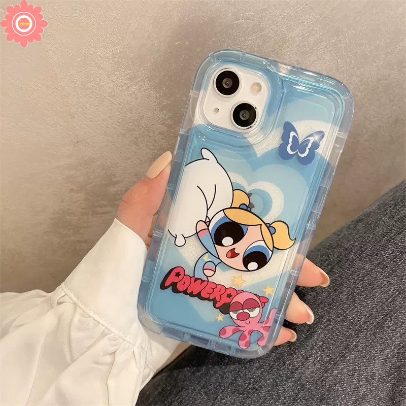 IPHONE Casing Ponsel Anak Perempuan Powerpuff Kompatibel Untuk Iphone14 13 11 12 Pro MAX XR 7plus 78 6 6S Plus X XS MAX Kartun Lucu Manis Cinta Hati Bening Shockproof AiRbag Lembut TPU Penutup Belakang