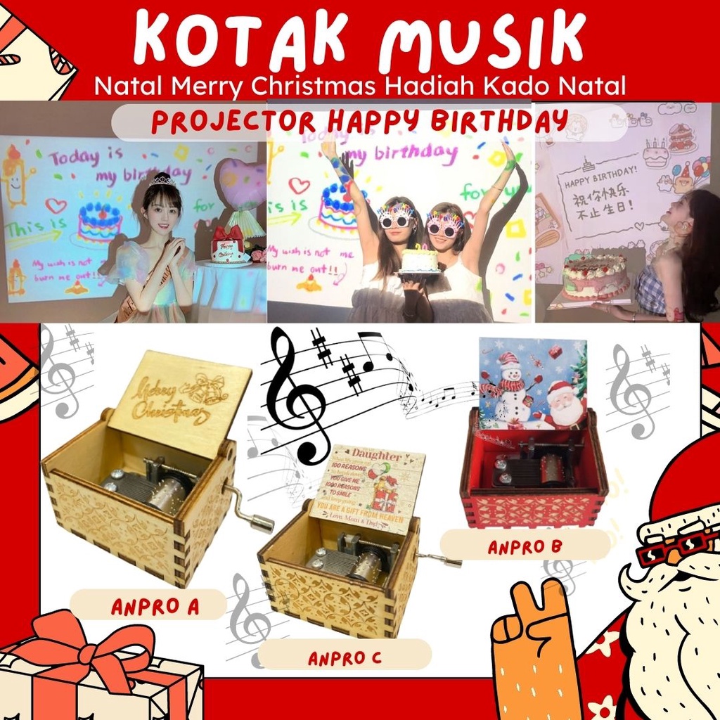 Projector Happy Birthday Mini Proyektor Mini Ulang Tahun Party Lamp Cute Birthday Gift ANPRO Kotak Musik Box Kayu Antik Wooden Vintage Music Box Engraving Elegan Kotak Music Musik Natal Merry Christmas Hadiah Kado Natal