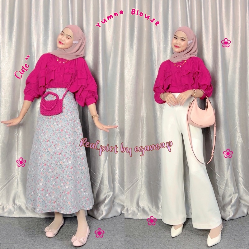 Yumna | Blouse Rimpel Rufle Korean Style  Baju Atasan Wanita Kekinian Fashion Muslim  Fuschia Kondangan Dinner Party Natal