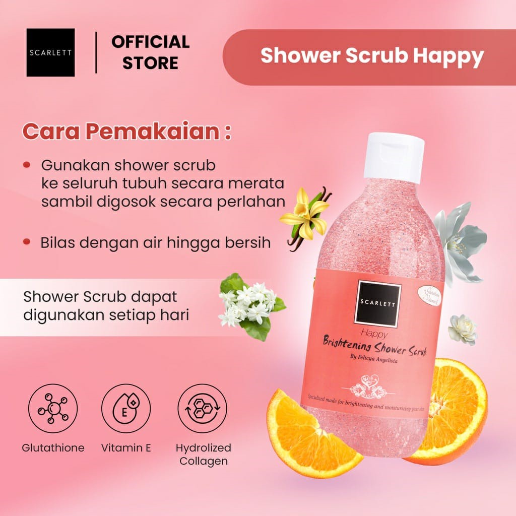 [ORI BPOM] Scarlett Whitening Shower Scrub | Brightening Shower Scrub Scarlett By Felicya Angelista HAPPY JOLLY CHARMING FRESHY POME CUCUMBER MANGO Coffee