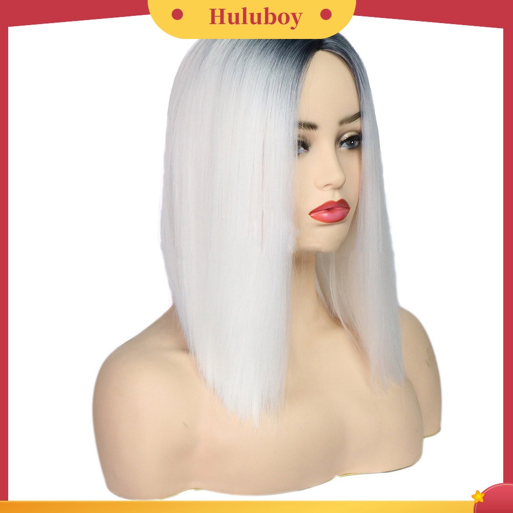 Wig Rambut Sintetis Model Lurus Warna Gradasi Hitam Putih Tahan Panas Untuk Wanita