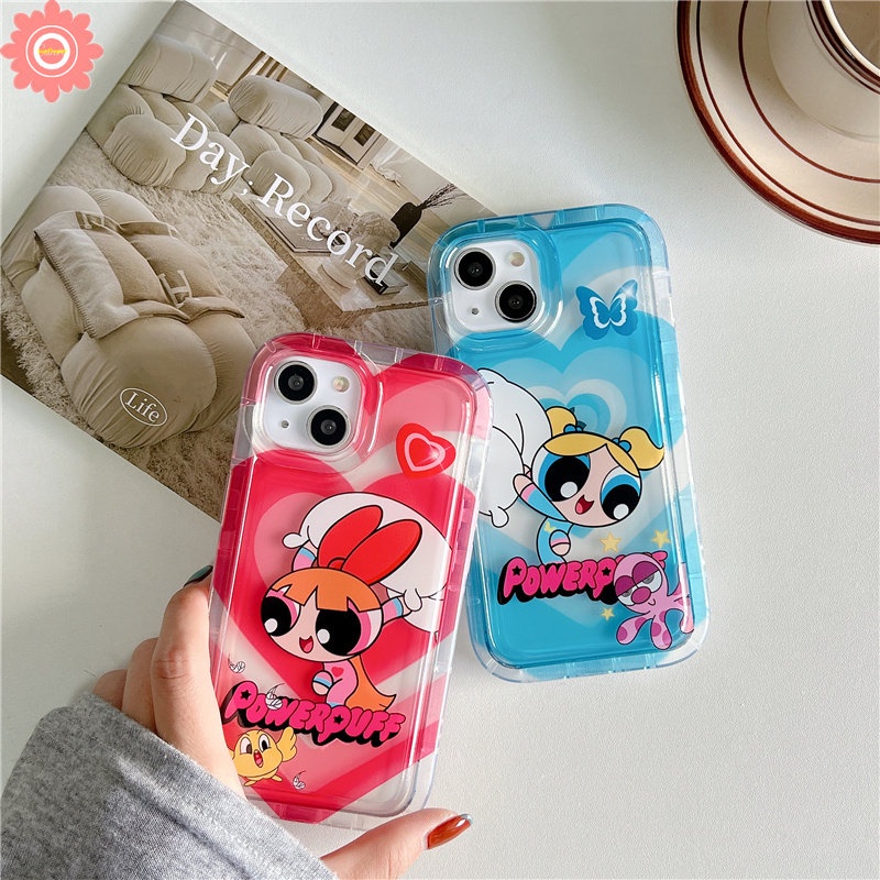 IPHONE Casing Ponsel Anak Perempuan Powerpuff Kompatibel Untuk Iphone14 13 11 12 Pro MAX XR 7plus 78 6 6S Plus X XS MAX Kartun Lucu Manis Cinta Hati Bening Shockproof AiRbag Lembut TPU Penutup Belakang