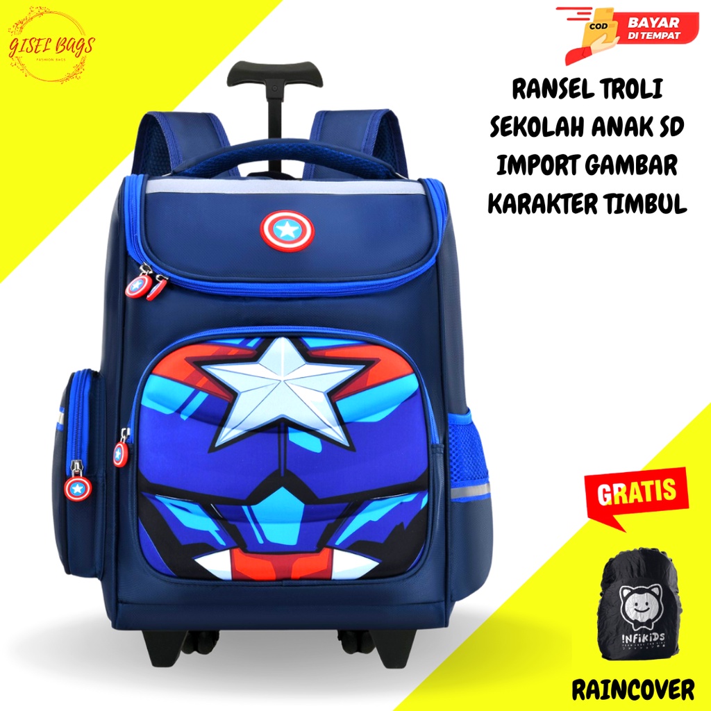 GSB Tas troli roda sekolah sd anak laki laki import gambar timbul karakter superhero waterproof