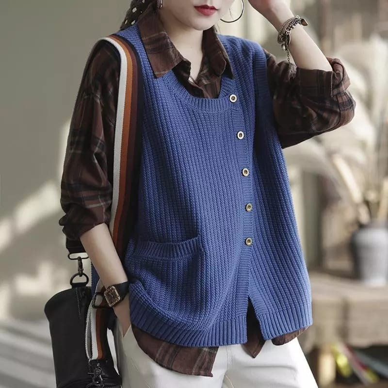 Vest Rompi Wanita Kancing Samping Rajut Tebal Premium Knit