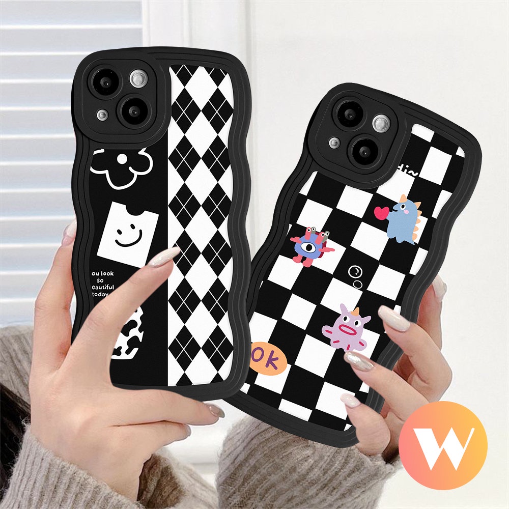 Casing Tepi Bergelombang VIVO Y22 Y16 Y15 Y22s Y75 Y15s Y20 V25E Y15A Y36 Y02s Y35 Y17 Y12s Y30 V21 Y33s Y91 Y21 Y11 V25 Y12 Y93 Y12i Y21s Y50 Y91C Cute Monster Lattice Diamond Soft Cover