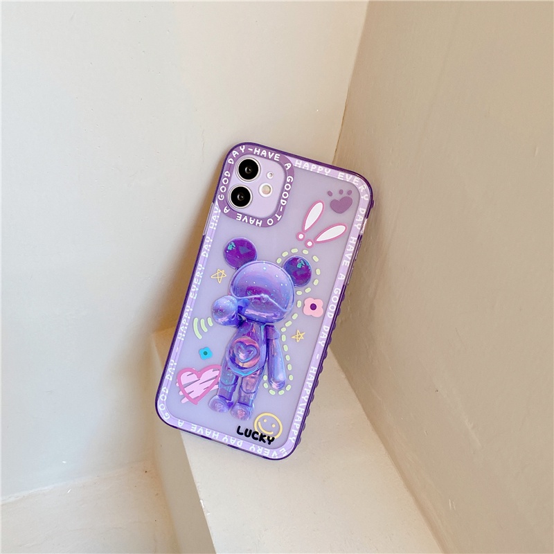 IPHONE Casing Ponsel Beruang Kekerasan Silikon Cair Lucu Mewah Untuk Iphone11 12 13 Pro Max XS XR 78 Plus Magnetic Holder Back Cases Cover