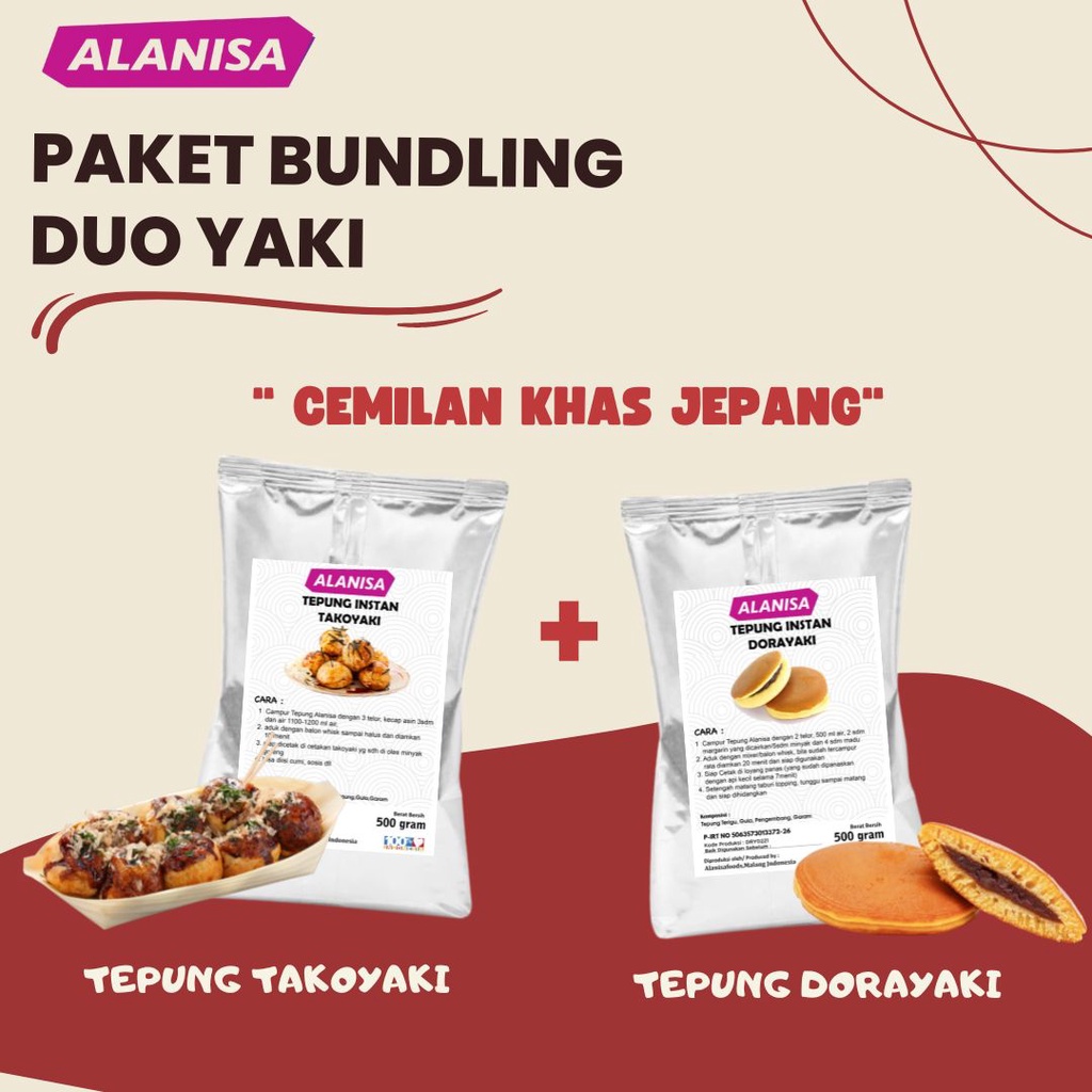 

PAKET BUNDLING DUO YAKI ( TEPUNG TAKOYAKI 500GR + TEPUNG DORAYAKI 500GR )