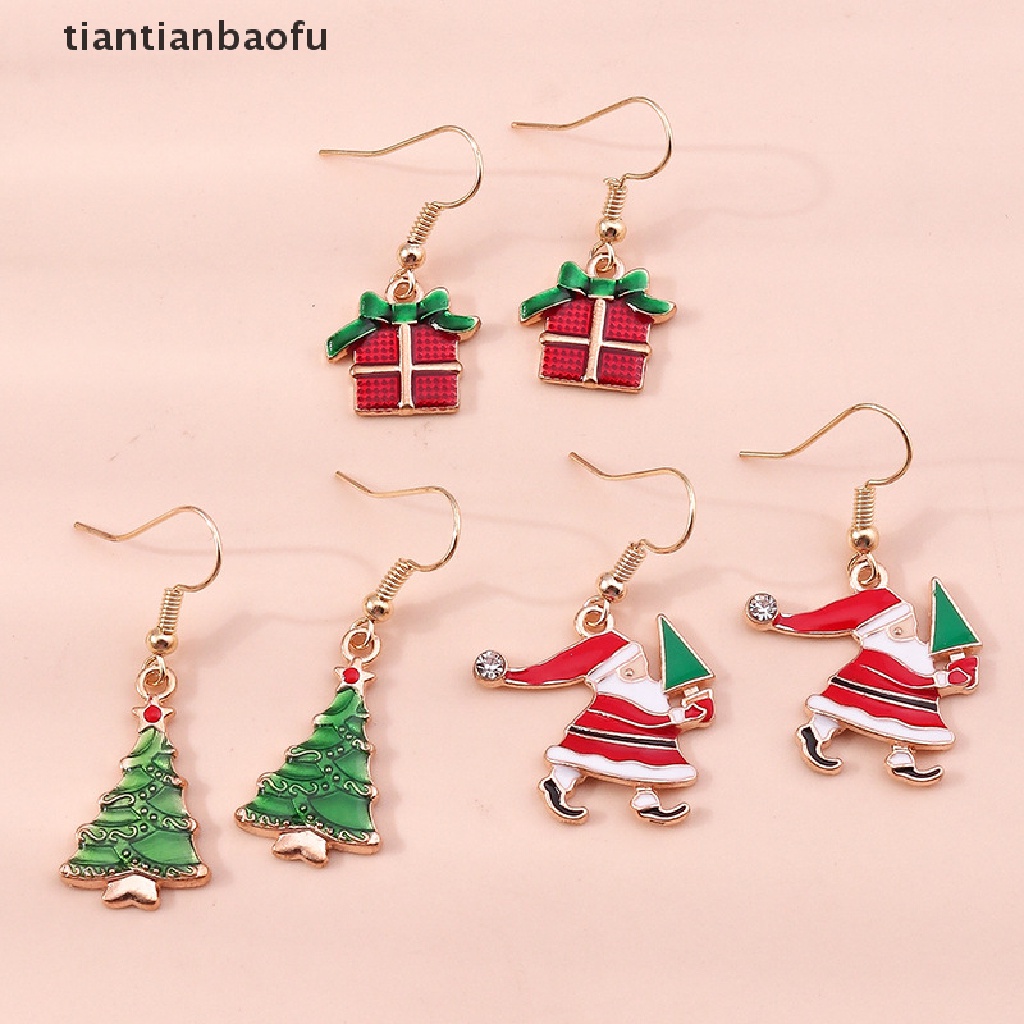 [tiantianbaofu] 1pasang Desain Baru Trendi Anting Natal Xmas Pohon Elk Snowman Santa Claus Menjuntai Anting Perhiasan Stud Earrings Hadiah Natal Untuk Wanita Gadis Butik