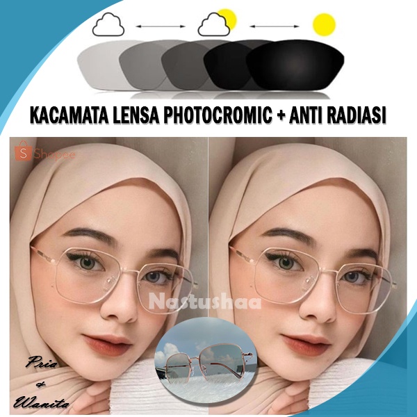 Kacamata Photocromic Anti Radiasi Blueray 3IN1 Anti UV Wanita Pria Terbaru Cowok Cewek Baru Metal Oversize Hexagonal