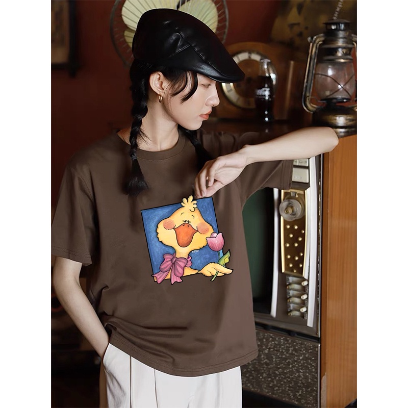 [chaoo.id]Kaos Couple Korean Style Oversize Duck Pattern Printing Lengan Pendek T-shirt Vintage Kaos Cream/baju atasan wanita