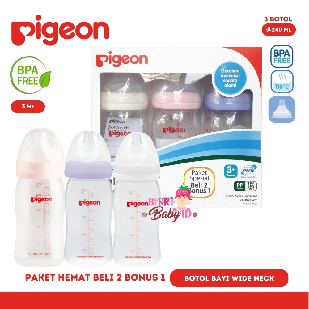 Pigeon Paket Beli 2 Gratis 1 Botol Susu Bayi Soft Touch 240 ml 3m+ Berry Mart