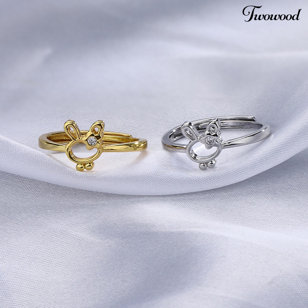 Twowood Wanita Cincin Manis All-match Aksesoris Fashion Open-end Cute Rabbit Flower Rhinestone Ring Untuk Pakaian Sehari-Hari