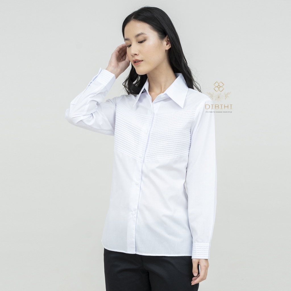 Dibihi Kemeja Putih Wanita Formal Bahan Katun Streth Motif Rempel Panjang