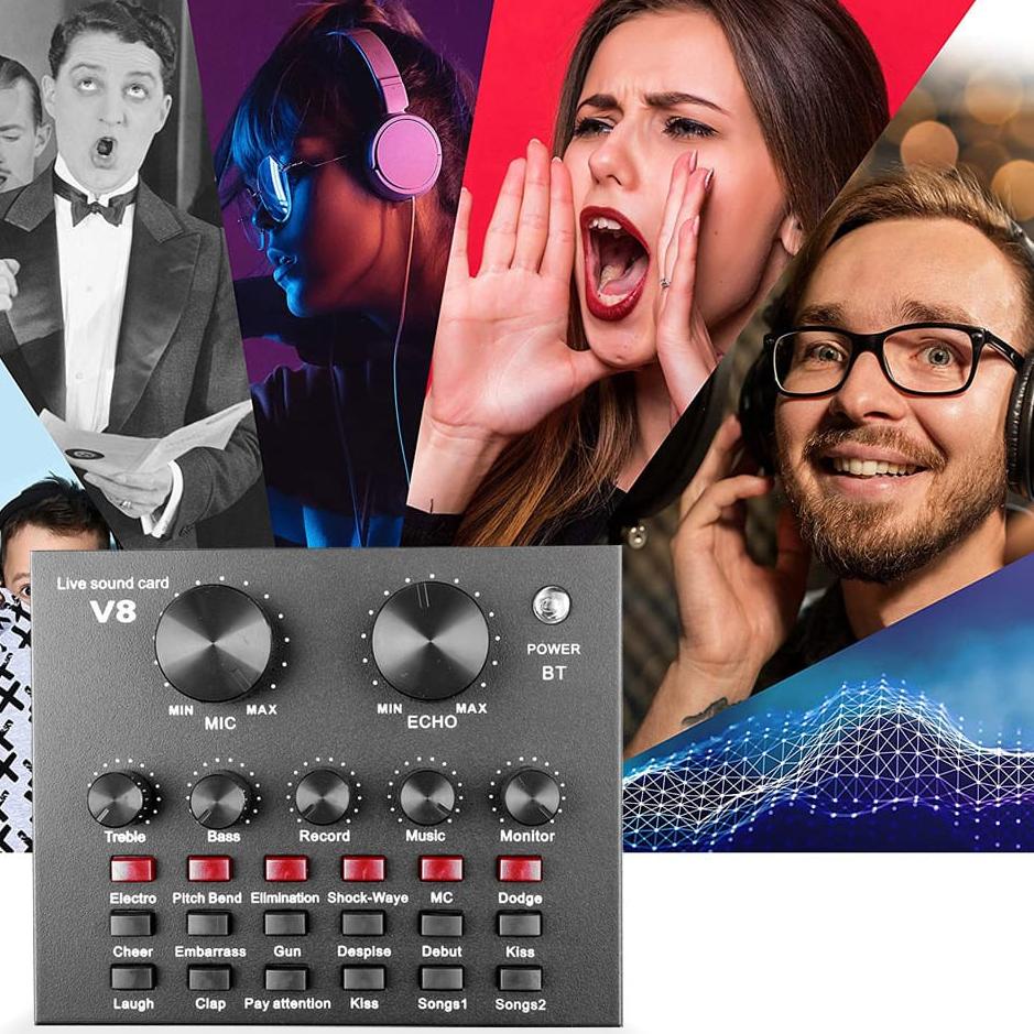 Terbaru.. [] V8  Sound Card Microphone cast Live External Sound Card With 5.0 Personal Entertainment