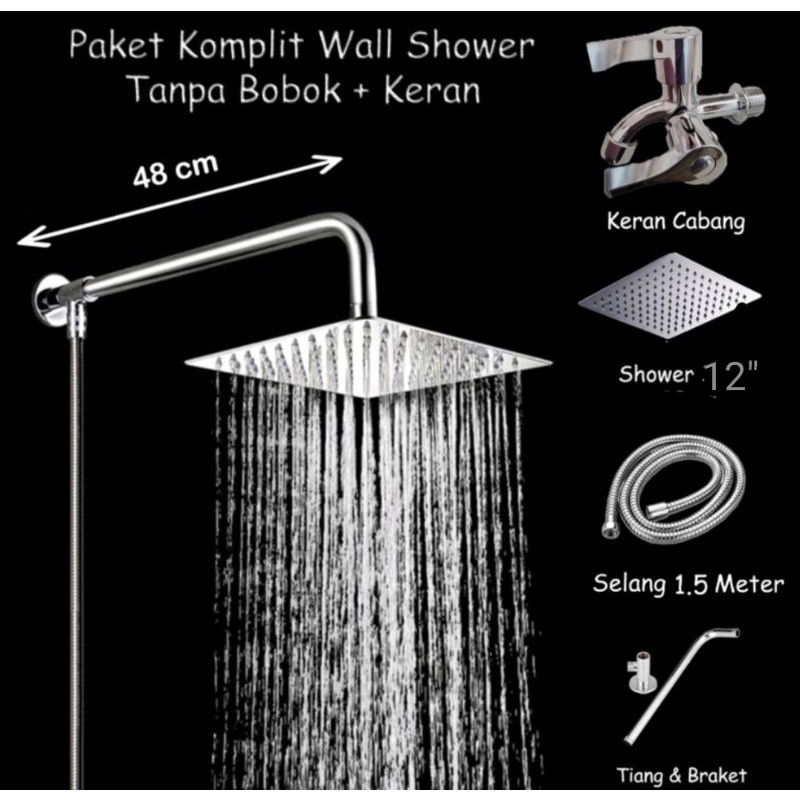 Paket wall shower 12 inch kamar mandi STAINLESS 1/2in Kran Cabang Double - bracket sambungan T tiang pipa wall shower tanpa bobok Tembok nepel fitting instalasi luar shower tembok stenlis 1/2