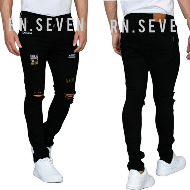 Wisdom Denim pants Slogan Patched Ripped Skinny Jeans pria Original - jeans Street Style Full Softjeans Stretch
