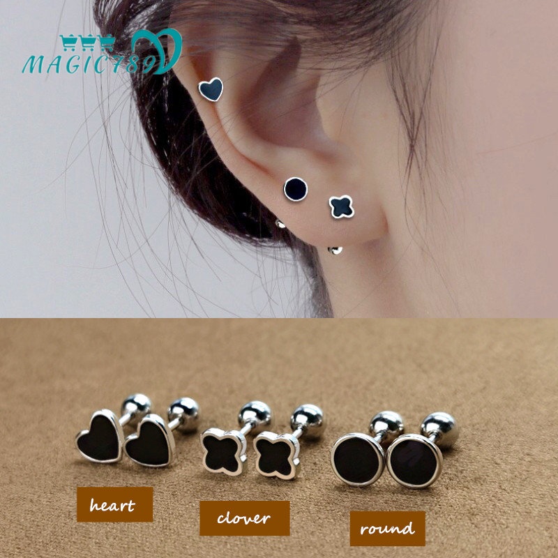 Magic789 Korea s925 Perak Hitam Bulat Hati Clover Sekrup Anting Untuk Wanita Perempuan Hypoallergenic Tindik Tulang Rawan Anting-Anting Perhiasan Telinga Mode