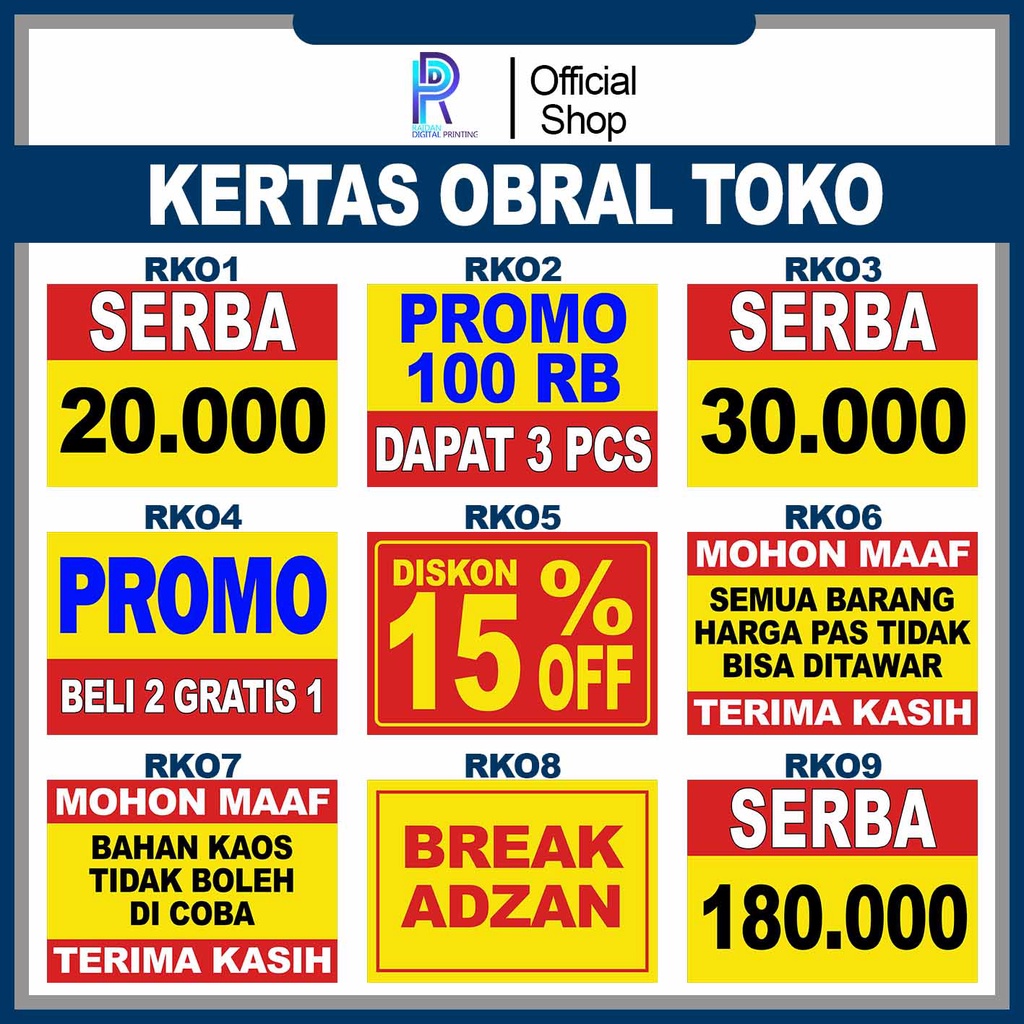 KERTAS HARGA BANDROL / NAMETAG HARGA JUALAN / KERTAS OBRAL TOKO / HARGA BANDROL RKO1