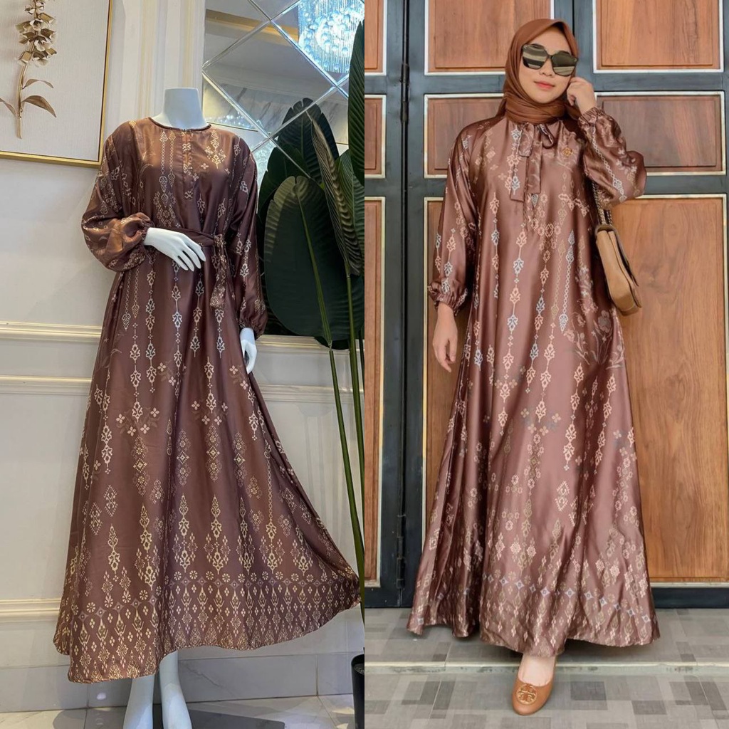 Diora Kirana Gamis Terbaru Maxmara Silk Dress Wanita Lengan Karet Panjang Maxidress Kekinian LD 110 cm