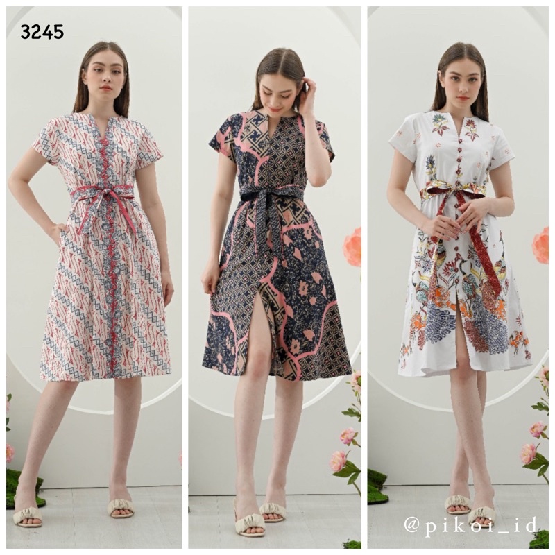 Dress batik wanita modern lengan pendek busui friendly / dress ikat tali batik kantor 3245 303