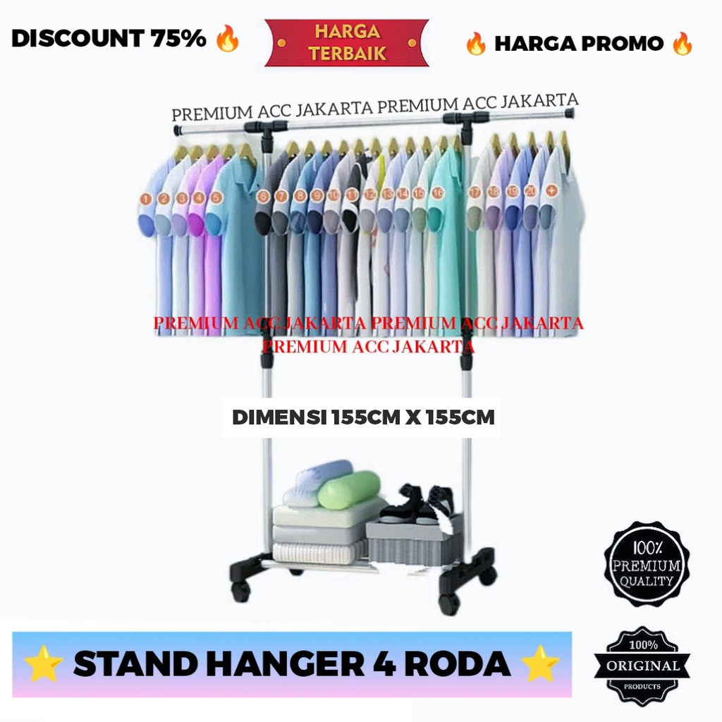 Stand Hanger Single Rak Gantungan Jemuran 4 Roda / Gantungan Hanger Baju Serbaguna