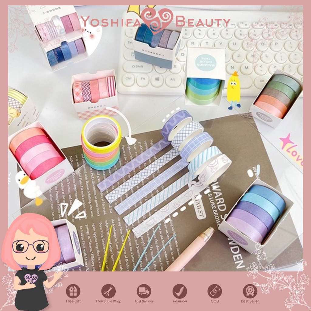 Washi Tape Isi 5 Warna Macaron Pastel | Selotip Bahan Kertas Washi | Masking Tape Set 5 Pcs Essential Collection Basic Pattern