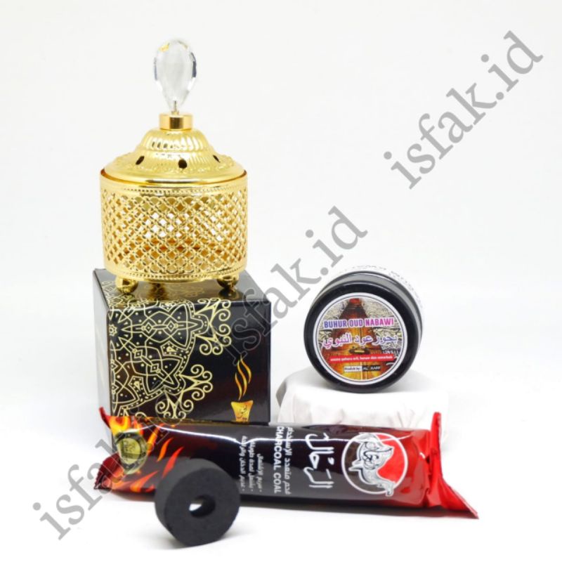 Paket 1 Set Mabkhara Bukhur Arang Magic Bukhour Wesal Bakhoor Oud Nabawi Dupa Wangi Magribi Menyan Tempat Dupa 7x13cm