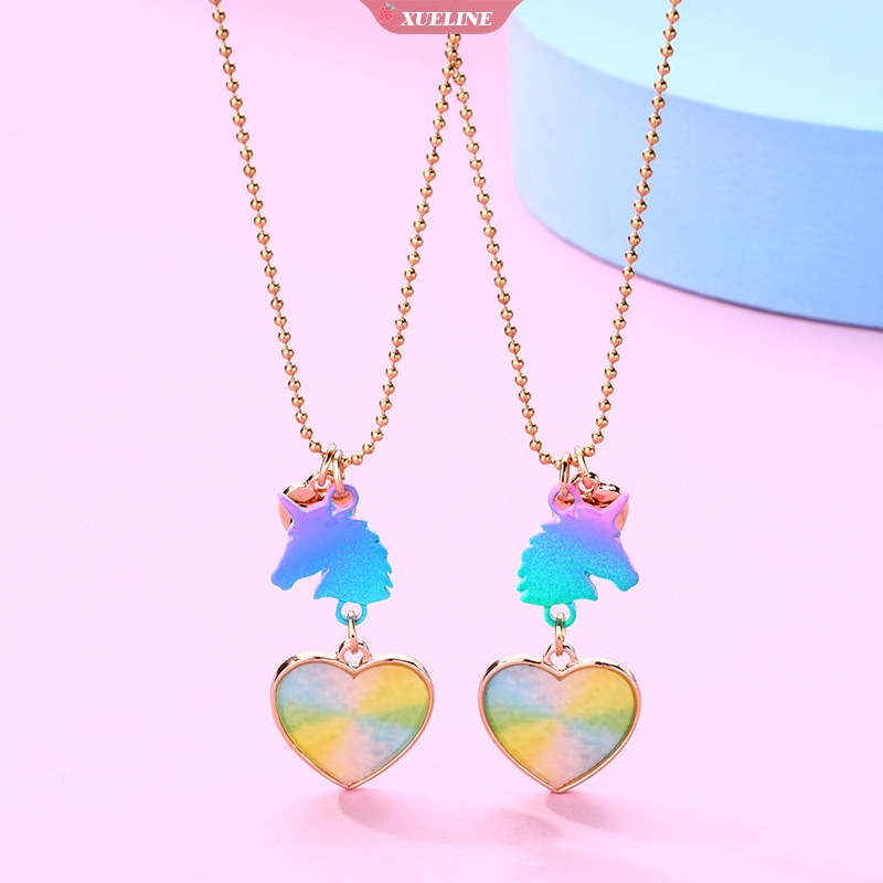 Fashion Warna Baru unicorn Cinta Kalung Kartun Hadiah Hari Anak Tujuh Warna Gradasi Cat Semprot BFF Teman Baik Kalung [ZXL]