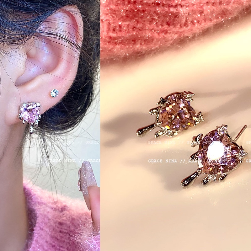 Cinta Anting Zirkon Merah Muda High-end Angin Dingin Cahaya Mewah Sederhana Anting-Anting Permen Perhiasan