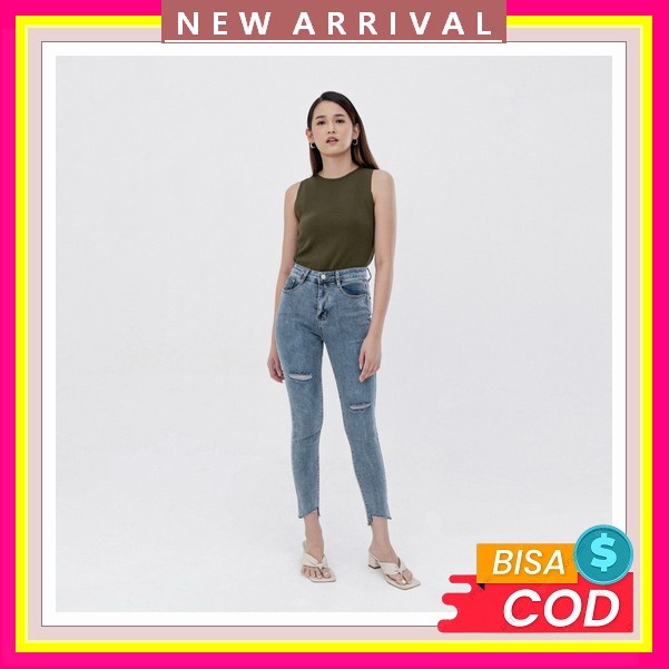 Korean Style High Waist Krem Celana Boyfriend Kekinian Jeans 6010 - High Waist Skinny Jeans Ripped