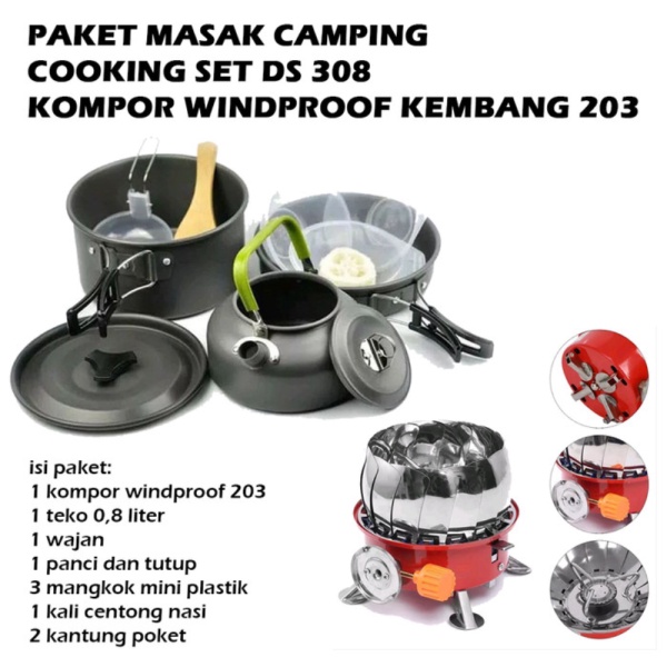 

308 Set Camping Windproof Diskon Masak plus Cooking K203 Paket Dijual Kompor