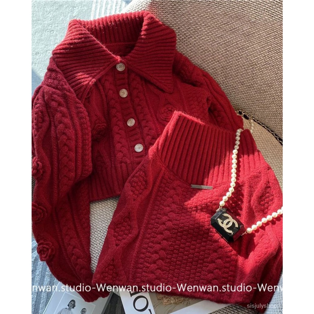 #Sisjuly# Set Sweater Merah Wanita Rok Parit Tahun Baru Natal Rok Dua Bagian Set