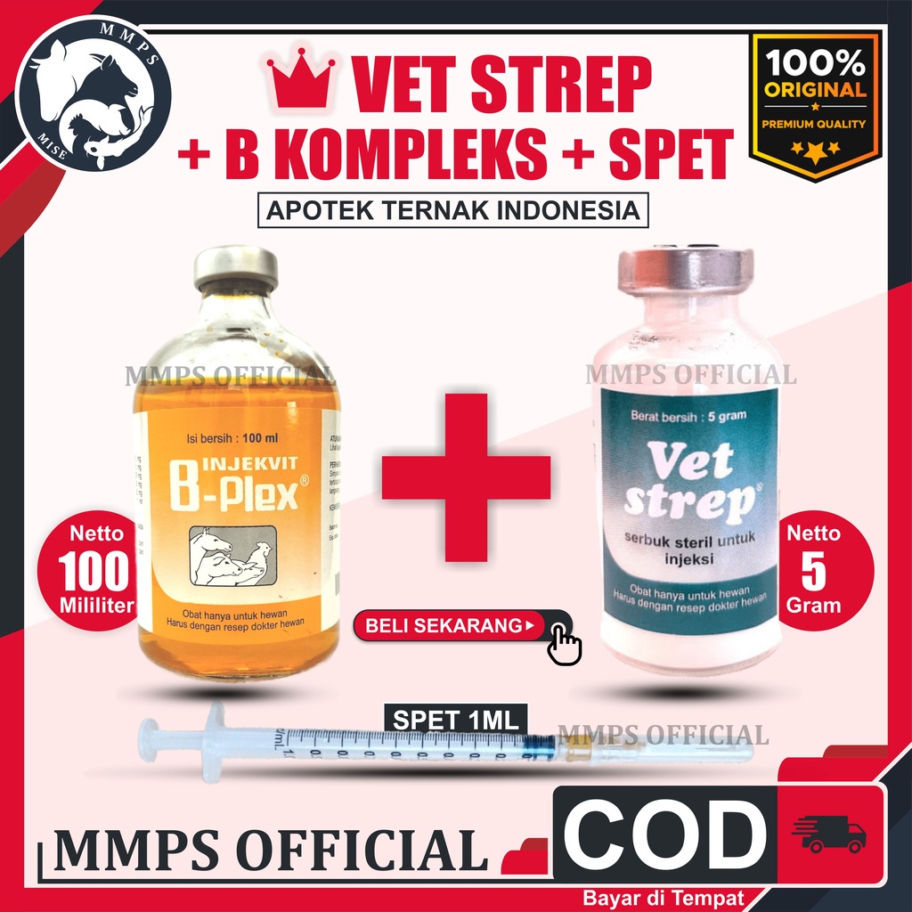 vet strep 5gram + b kompleks 100ml bns suntik obat vitamin ayam burung merpati snot pilek ngorok luk