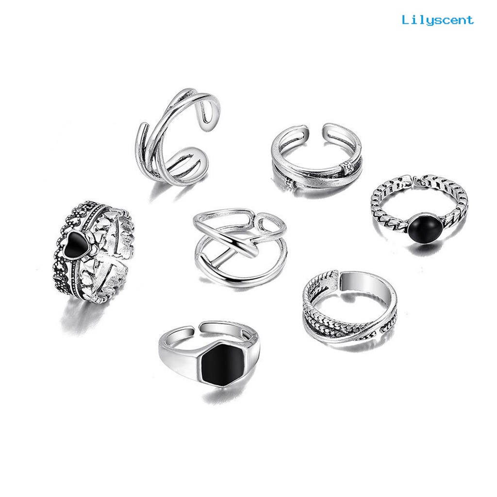 [LS]7Pcs /Set Wanita Cincin Punk Geometris Berlian Imitasi Hias Electroplating Kilau Cerah Dekorasi Hadiah Wanita Silang Hati Knuckle Rings Trendy Perhiasan Untuk Pacaran