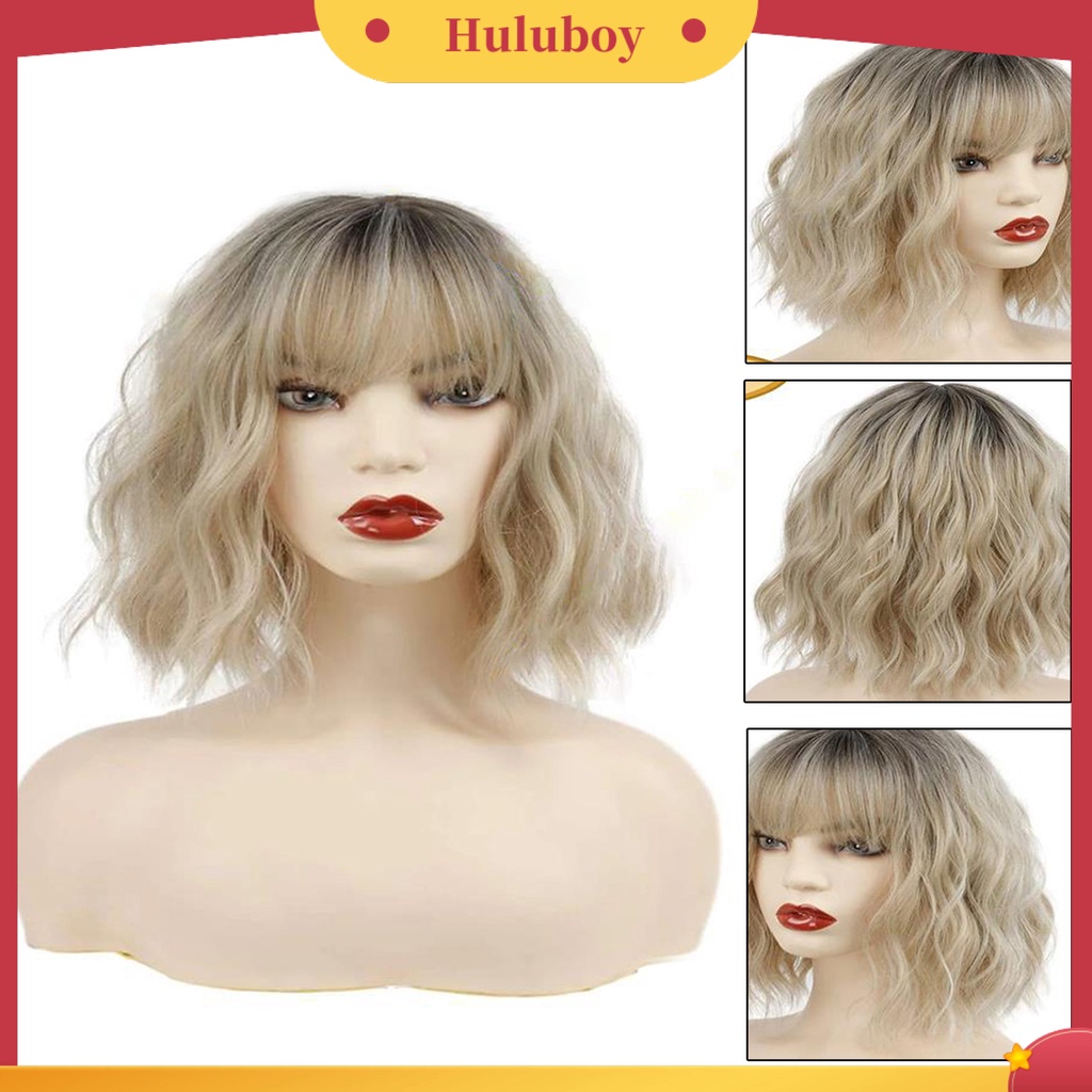 Wig Rambut Pendek Keriting Dengan Poni Bahan Silk Tahan Panas